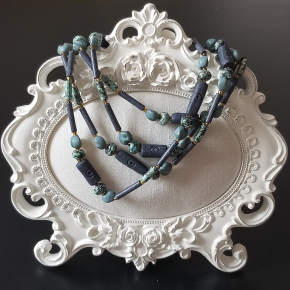 Long Blue-Green Bead Necklace - Picture 1 of 8